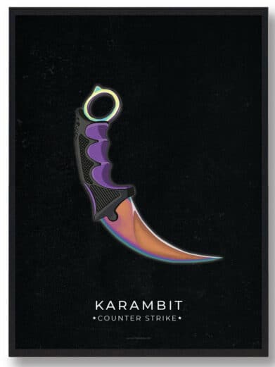 Karambit CS:GO poster. Features a colorful Karambit knife graphic on a black background. Gamer plakater for Counter-Strike fans.