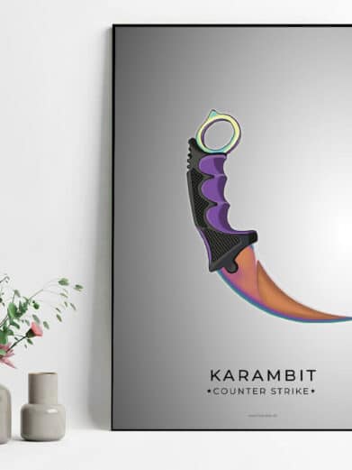Karambit CS:GO poster. Gamerplakat art print of a purple and rainbow colored Karambit knife from Counter-Strike.