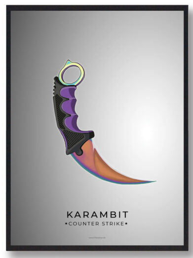 Karambit CS:GO gamer poster. Close-up of the knife with a purple handle and iridescent blade against a gray background in a black frame.