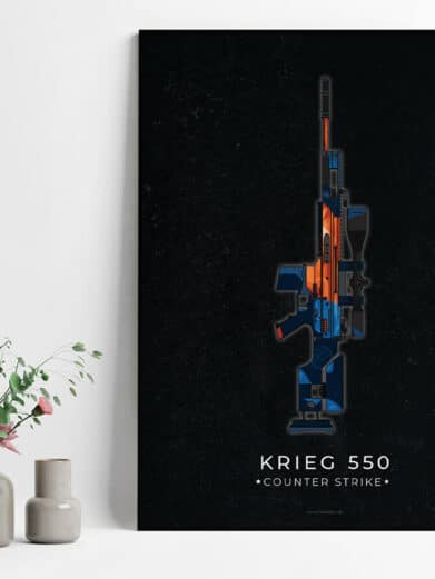 KRIEG 550 Counter-Strike poster. Features a blue and orange stylized rifle on a black background. Gamer room decor.