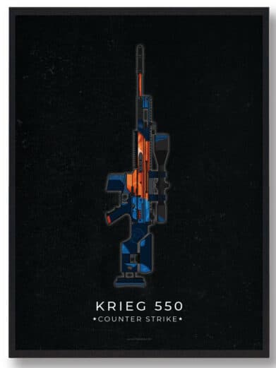 Framed Krieg 550 poster. Gamerplakater Counter-Strike art print in blue and orange, perfect for gaming room decor.