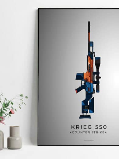 Framed Krieg 550 Counter-Strike poster. Features the blue and orange weapon design against a gradient gray background. Gamer decor.