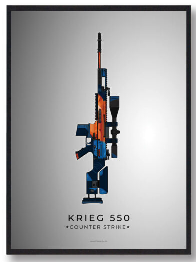 Framed poster of a blue and orange Krieg 550 from Counter-Strike. Gamer wall art for fans of the popular FPS game.
