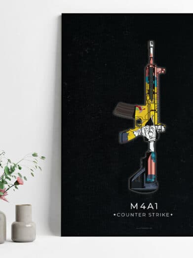 M4A1 Counter-Strike poster. Graphic illustration of the M4A1 rifle in vibrant colors on a black background. Gamer plakater art.