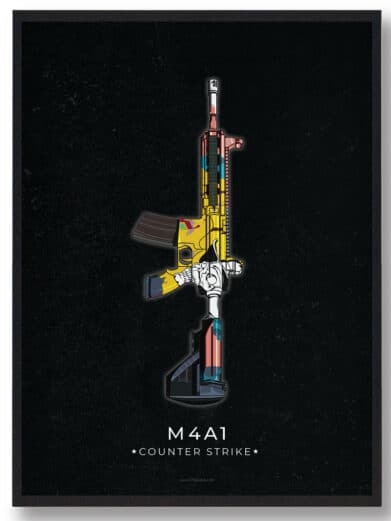 CS:GO gamer poster of a M4A1. The colorful Counter-Strike weapon art print features a black background and modern design.