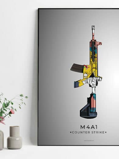 M4A1 Counter-Strike poster. Colorful gamer art print featuring a detailed M4A1 rifle design. Great for gaming room decor.