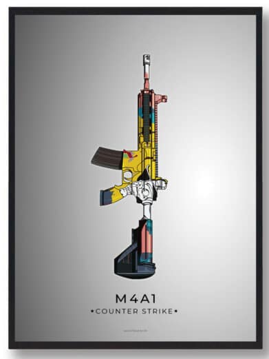 Framed M4A1 Counter-Strike gamer poster. Colorful, detailed weapon illustration on gray background. Ideal for gaming room decor.
