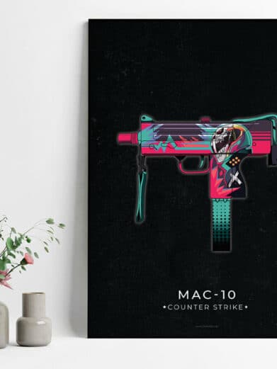 Mac 10 CS:GO Gamerplakat. Poster features a pink and teal design on black. A unique Counter-Strike art print.