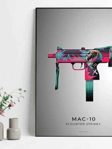 Mac 10 - CS:GO gamer poster. Features a colorful, stylized illustration of the iconic weapon on a sleek gray background.