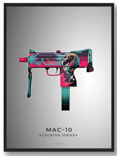 Farverig Mac 10 CS:GO gamerplakat. Detaljeret våbenillustration i pink, turkis og sort. Ideel til Counter-Strike fans.
