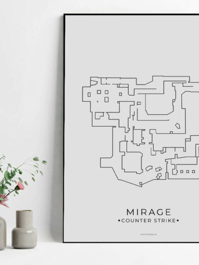 Mirage map - CS gamerplakater: Black line drawing of the map layout on light background, framed. Minimalist gamer poster.