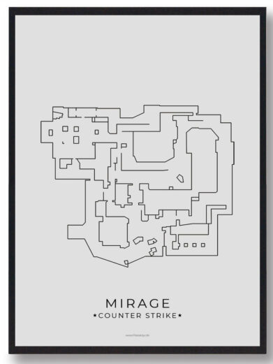 Framed Mirage map poster for CS:GO fans! Minimalist design, black lines on a light background. A must-have gamerplakat.