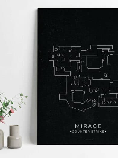 Mirage map CS:GO gamer poster. Black background with white outline of the Mirage map. Minimalist style for Counter-Strike fans.