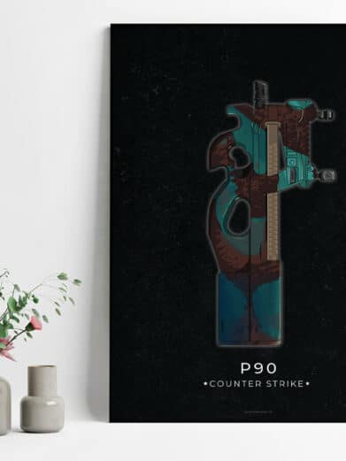 P90 Counter-Strike poster with abstract blue and brown design on a black background. Gamer wall art.