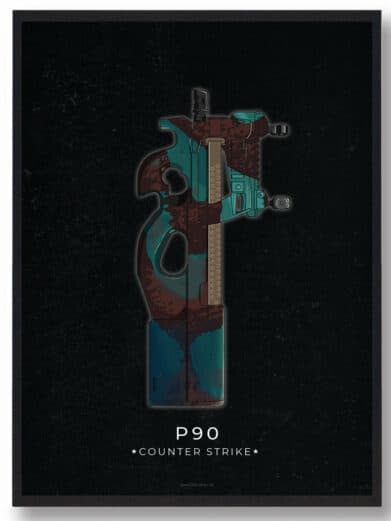 CS:GO P90 poster. Gamerplakater style. Depicts the P90 gun with a blue and brown camo design on a black background.