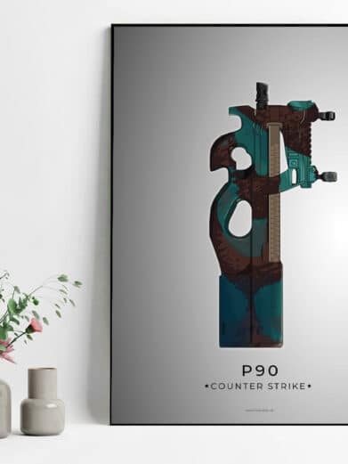P90 Counter-Strike gamer poster. Close up of a detailed, colorful P90 illustration. Perfect for gaming room decor. From 129 kr.