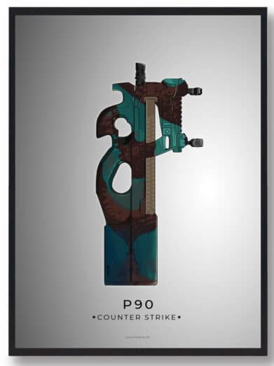 P90 CS:GO poster. Modern wall art featuring a P90 with a unique blue and brown design. Great gamer room decor.