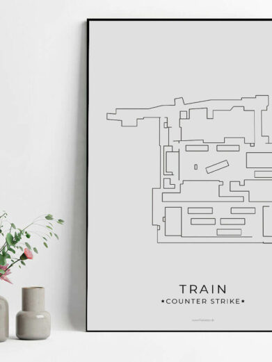 Minimalist 'Train' CS:GO map poster. Black lines on white, a stylish gamer print. Perfect for a gaming room.