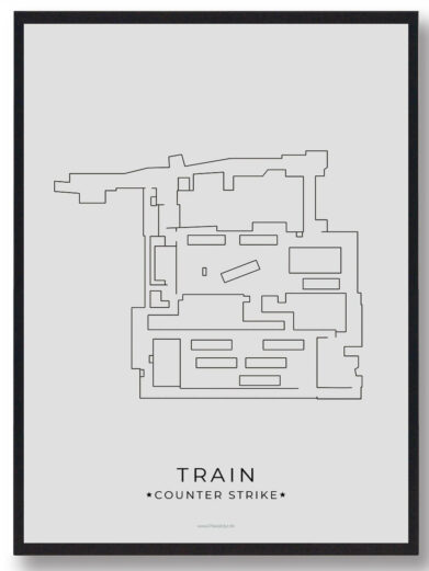 Counter-Strike Train map poster. Minimalist black line art on gray background, framed. Gamer room decor, CS:GO fans will love it.