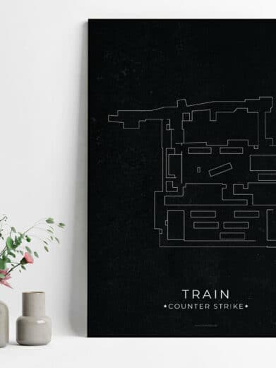 CS:GO 'Train' map poster. Black background, white line-art of the map layout. Gamerplakater, Counter-Strike art.