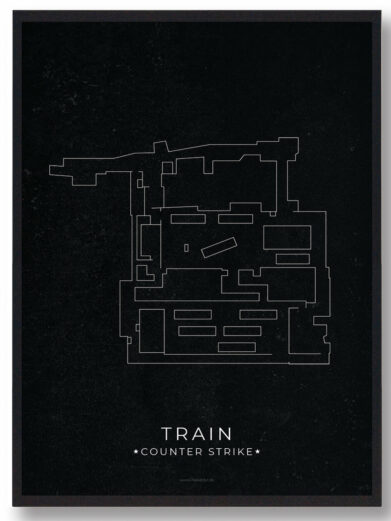 CS:GO Train map poster. Minimalist gamer print featuring a white outline of the Train map on a textured black background. Gamerplakater design.