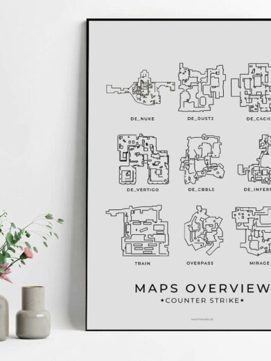 CS Gamerplakater Maps Overview poster. Gray background with black line drawings of de_nuke, de_dust2, de_cache, and other maps.