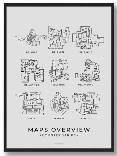 Black-framed CS Gamerplakater map overview poster. Shows detailed layouts of Nuke, Dust2, Cache, Vertigo, Cobble, Inferno, Train, Overpass, Mirage.