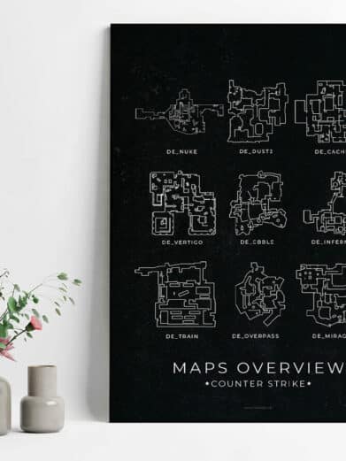 CS Gamerplakater Maps Overview poster featuring detailed layouts of Counter-Strike maps like Dust2, Nuke, and Mirage on a black background.