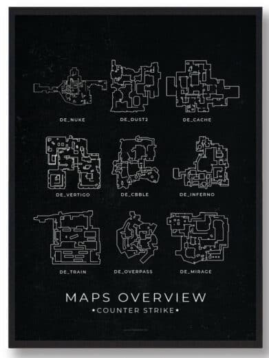 CS:GO Maps Overview gamerplakater, featuring Nuke, Dust2, Cache, Vertigo, Cobble, Inferno, Train, Overpass, and Mirage on a black background.