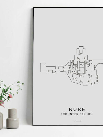 Framed Nuke map art from CS:GO. Black lines depict the map layout on a white background. Gamer poster for Counter-Strike fans.