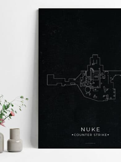 Stylish Nuke map poster for Counter-Strike gamers. Minimalist black background with white map outline. Perfect gamer room decor.