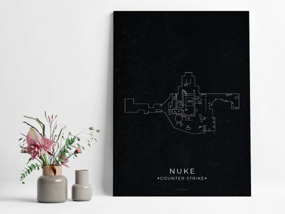 Stylish Nuke map poster for Counter-Strike gamers. Minimalist black background with white map outline. Perfect gamer room decor.