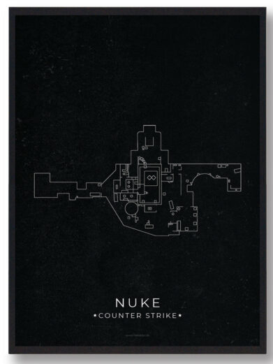 Nuke map poster, a black and white gamerplakat showcasing the Counter-Strike map layout. Minimalist design for gaming enthusiasts.