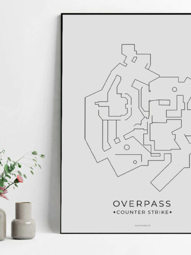 Framed Nuke map CS:GO gamer poster. Minimalist black line art on gray background. A stylish Counter-Strike print for gaming decor.