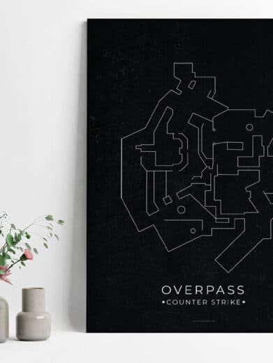 Overpass Nuke map gamer poster. Features a minimalist line drawing of the Counter-Strike map on a dark background.