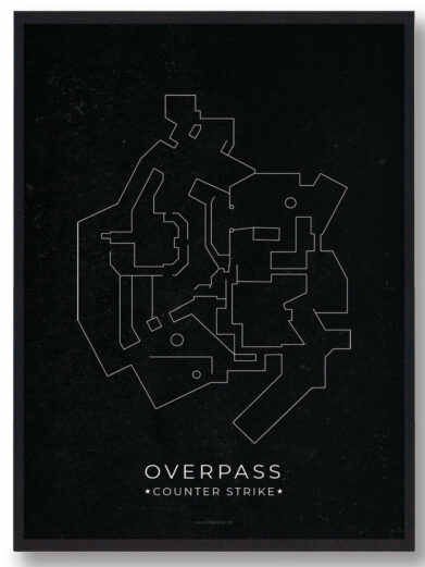 CS:GO Overpass map poster. Minimalist black background with white outline of the map layout. Gamer room decor.