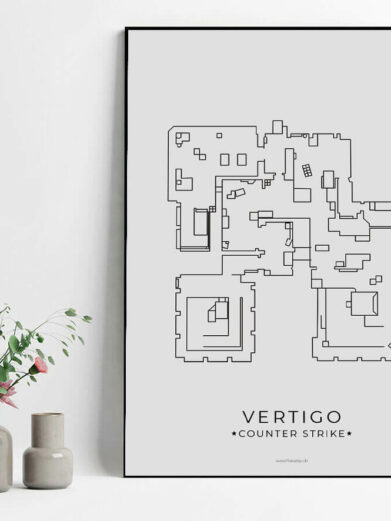 Vertigo map poster, a minimalist black line art print of the CS:GO map on a grey background with a black frame.