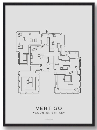 Framed Vertigo map poster. Minimalist black line art on light gray background. Counter-Strike gamerplakater design. Modern wall art.