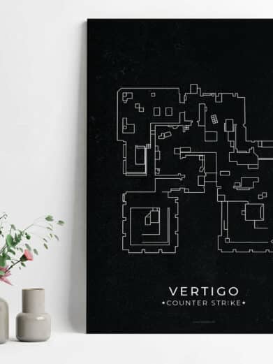 Vertigo map poster for Counter-Strike fans! Features a detailed white line drawing of the map layout on a black background.
