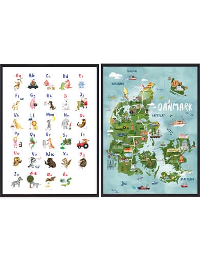 Sæt bestående af håndtegnet ABC-plakat samt Danmarkskort. Perfekte til leg og læring hos børnene