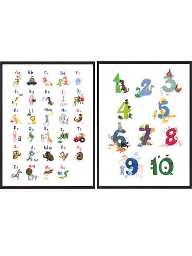 Håndtegnet ABC og talplakat til børneværelset.