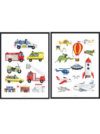 Børneplakater med Brandbil, politi og fly