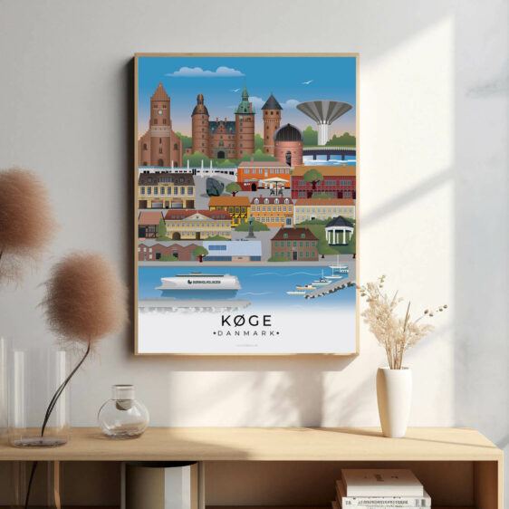 Motiv med byens centrale torv, kirketårne og hyggelige gader, der indkapsler Køges autentiske stemning.