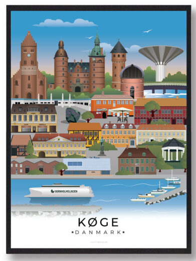 En flot komposition af Køges seværdigheder, herunder historiske bygninger og den maritime charme fra havneområdet.