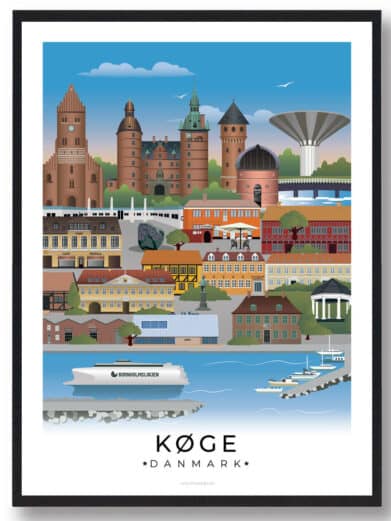 En kunstnerisk gengivelse af byens vartegn, med klare linjer og farver, der fremhæver byens unikke karakter og historie.