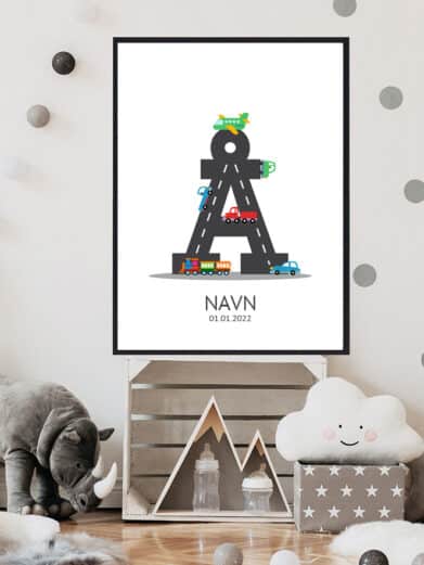 Navnetavle plakat med bogstavet Å. Der er traktor, fly, både på denne navnetavle med bogstavet Å.