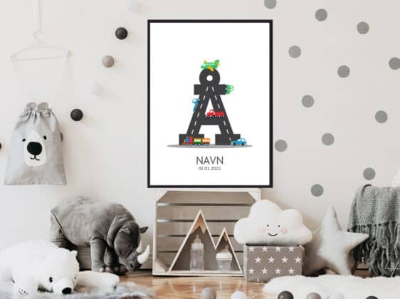 Navnetavle plakat med bogstavet Å. Der er traktor, fly, både på denne navnetavle med bogstavet Å.