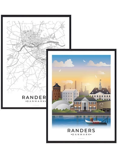 Bybillede plakat med Randers. Se det flotte plakatsæt med Randers plakater