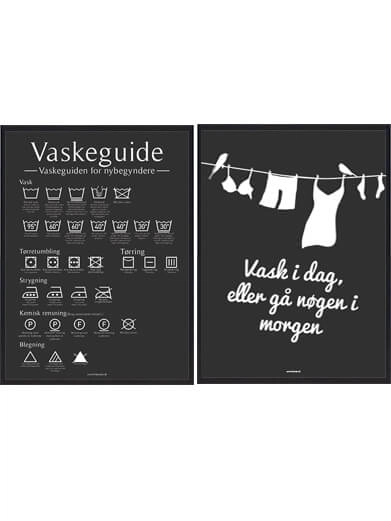 Sæt med to vaskeplakater i form af vaskeguide og citatplakat med vasketøj på sort baggrund og hvid tekst