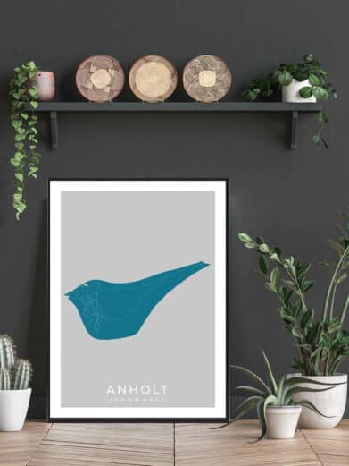 Anholt Denmark map art print. Minimalist teal blue silhouette on gray background, modern home decor.